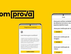 tela amarela com montagem de telas de aplicativo e a marca do site comprova